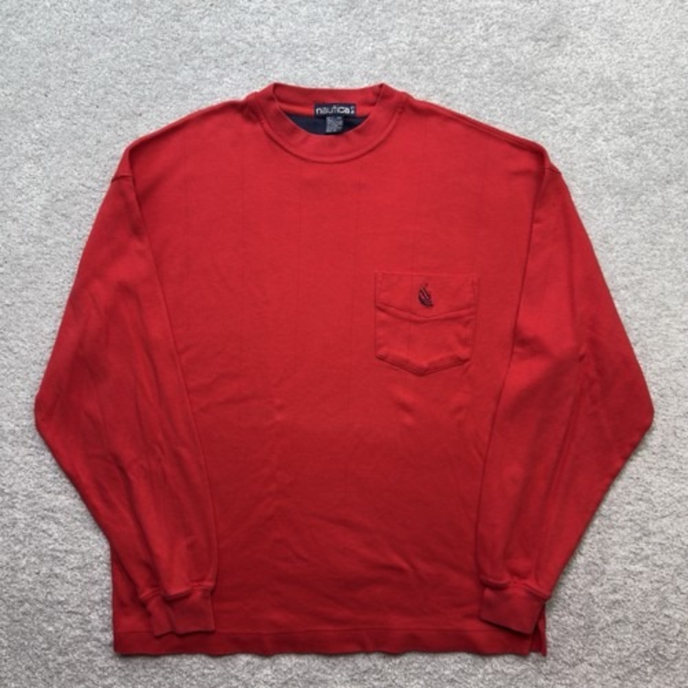 Vintage Nautica Red Pocket Crewneck Sweatshirt Sailboat Logo Mens Large 90s